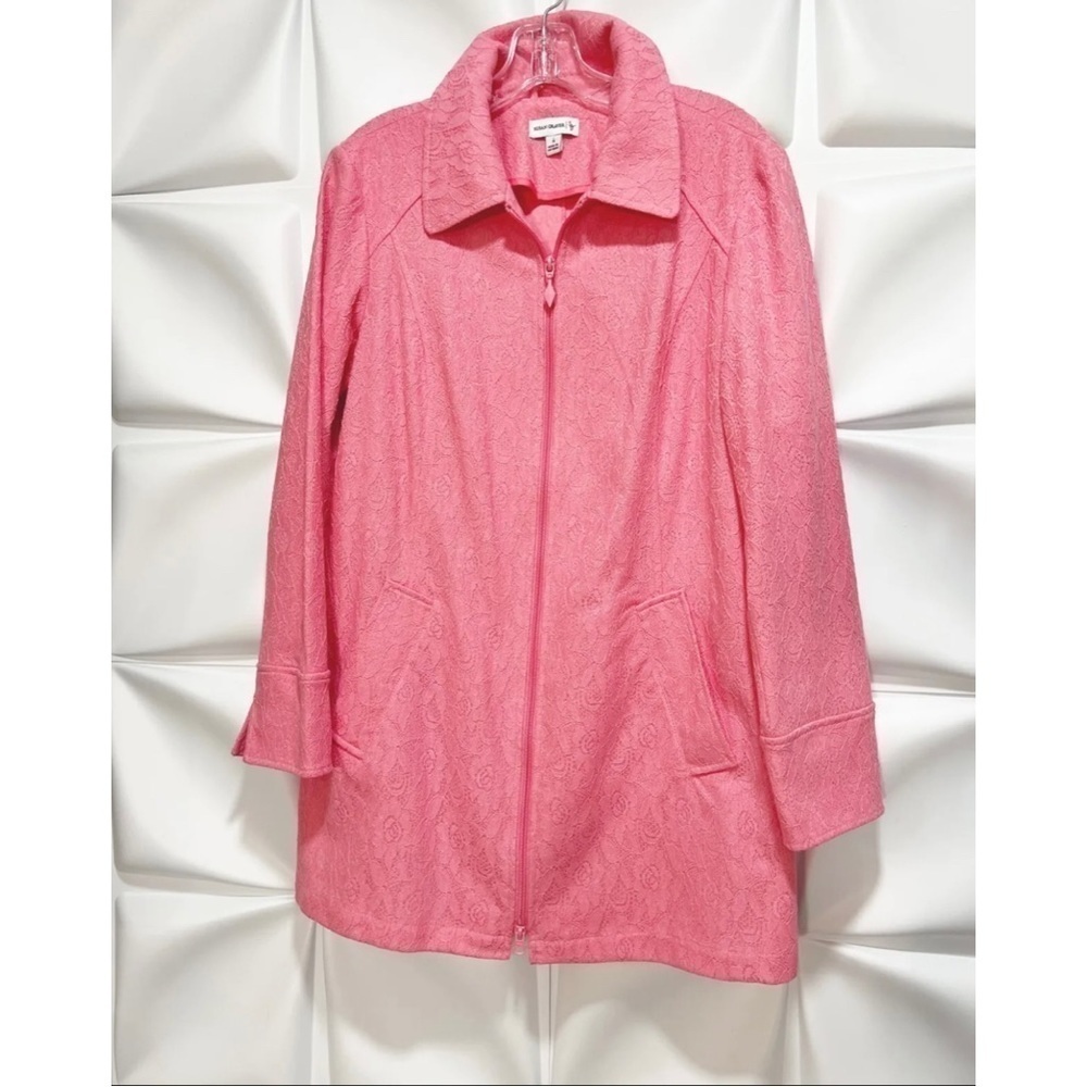 Susan Graver Sz S Pink Textured Lace Zip Up Longline Jacket Spring Easter Womens